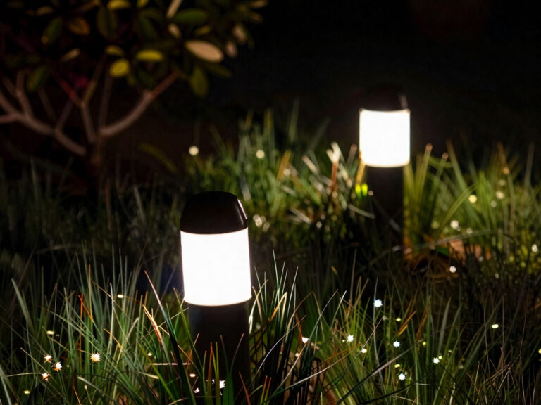 Electrical lights in a garden at night. Image for illustration only. Electrical work and repairs and installations in Sectional Title Schemes. Electrical Installation Regulations. Occupational Health and Safety.